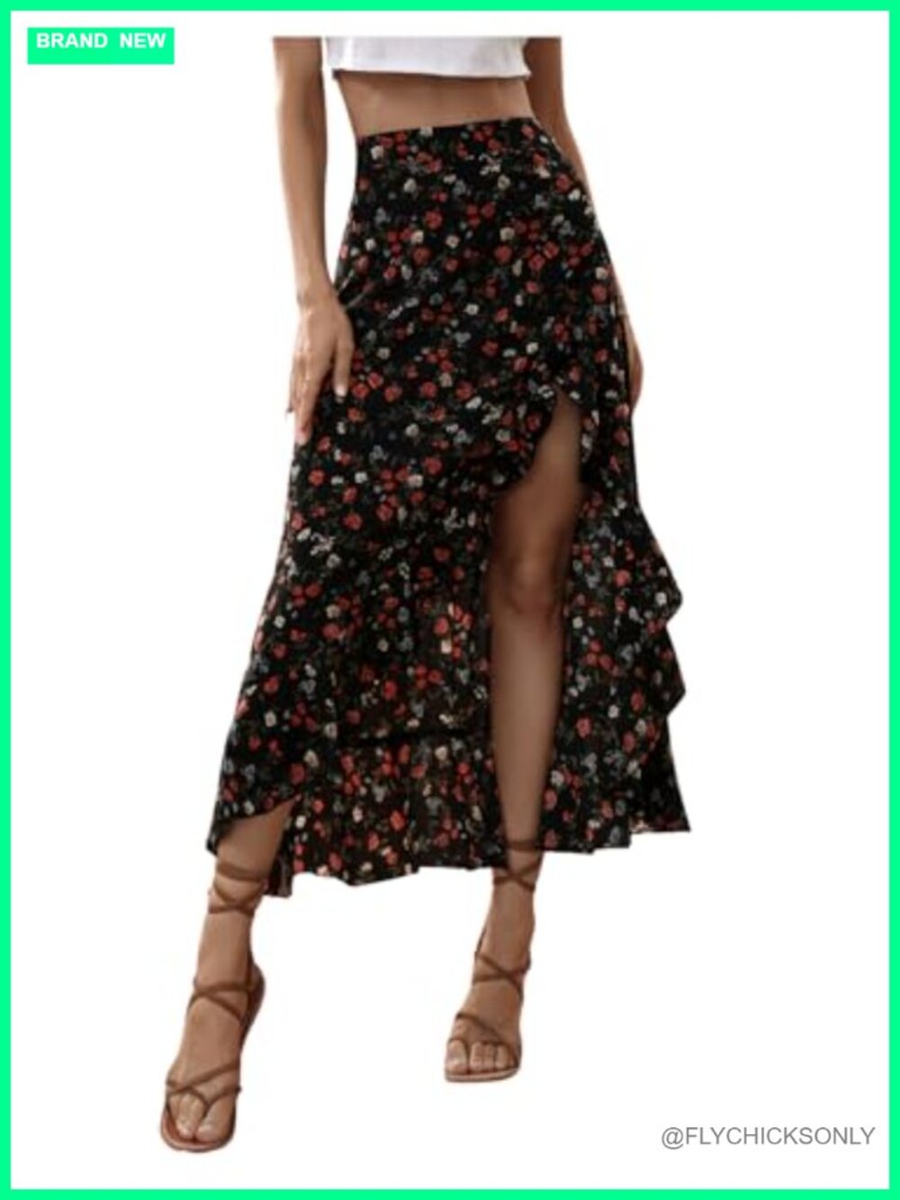 Boho Floral Print Ruffle Maxi Skirt High Waisted Split Long Skirt